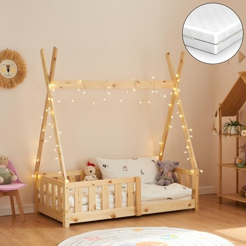 [en.casa] Kinderbett Helsingborg 70 x 140 cm mit Matratze und Rausfallschutz Lattenrost Tipi Zelt Jugendbett Bettgestell Kiefernholz Holzbett für Kinder Holzfarben