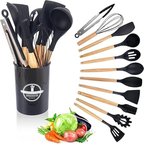 Kitchen Utensil Set 12 PCS Silicone Cooking Utensils Set with Wooden Handle DMJJSD Non-Stick Cooking Spoons Utensil Sets Silicone Kitchen Utensils Set Heat Resistant Kitchen Tools Heat Resistant Set