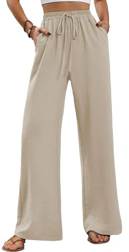 ALSOGO Weite Hose Damen Elegant Breite Hosen High Waist Lose Sommer Palazzo Hose Dehnbar Lounge Lang mit Taschen Apricot S