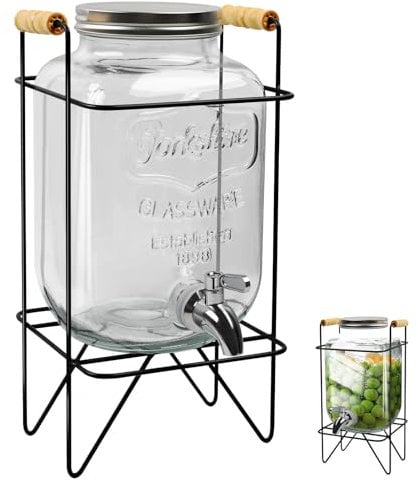 Dispensador de Bebidas de Cristal de 4 Litros Con Tapa, Recipiente de Agua Con Soporte y Grifo Antigoteo de Acero Inoxidable 304