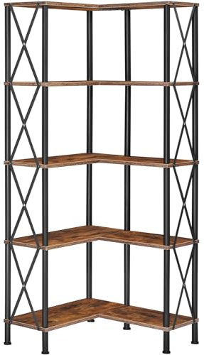 HOOBRO Scaffale a 5 Ripiani, Scaffale Angolare, Libreria a L, Scaffale Portaoggetti Aperto, Stile Industriale Vintage, Struttura a Vite, per Soggiorno, Ufficio, Marrone Vintage e Nero EBF60SJ01
