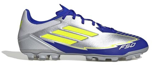 adidas Unisex F50 League Football Boots Artificial Ground, Silver met./Solar Yellow/Lucid Blue, 7.5 UK