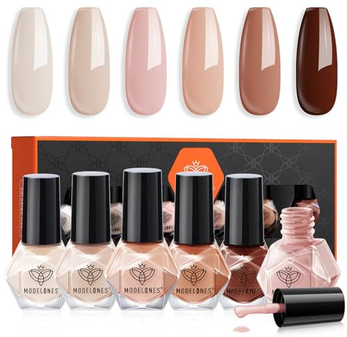 Modelones Nail Polish Set 6 Colors Nude Pink Skin Tones Nail Polish Neutral Brown Nail Polish Kit Quick Dry Nail Polish Neutral Brown Manicure DIY Nail Art Salon Home for Women