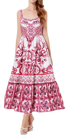 Robe longue imprimée pour femme avec col en V, dos nu, bretelles spaghetti, Rouge, S