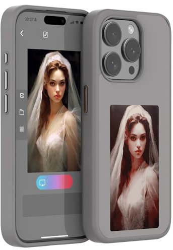 YATUO DIY E-Ink-Telefonhülle für iPhone 15, Bedienung Smart Photo Rückprojektion, Customiza Handyhülle, Zeigen Sie Fotos sofort auf dem Tintenbildschirm, Personalisieren Sie Ihre Handyhülle, Grau
