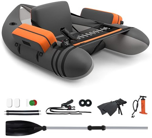 GYMAX Inflatable Fishing Float Tube, Fishing Boat with Adjustable Backpack Straps, Pump, Fish Ruler, Storage Pockets, Paddle, Rod Holder & Flippers, 150 KG Load Capacity (Grey, 135 x 110 x 54cm)