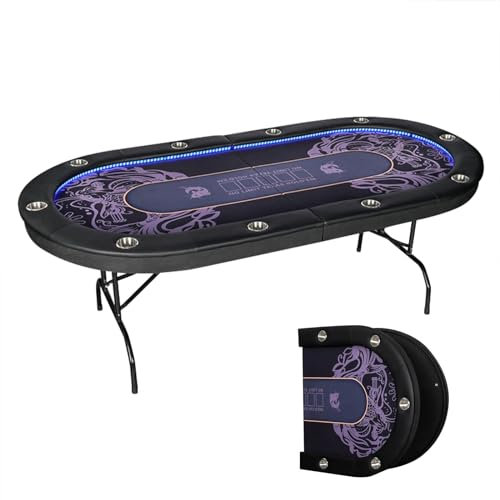 10 Player Folding Poker Table with Blue LED Lights, Stainless Steel Cup Holders and Collapsible Legs - Casino Table Top Texas Holdem Poker Table