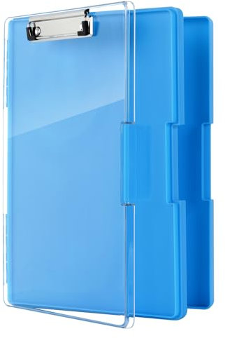 FRETONBA Klemmbrett A4 mit Ablagefach, aus Kunststoff mit Ablage, leichter Papierhalter, tragbarer Klemmbrett mit Fach, ideal für Schule, Industrie, Büro (blau)