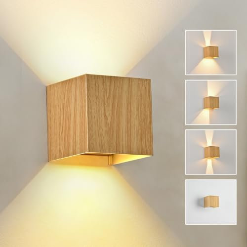 Doughelec LED Wandleuchte Holz Innen Aussen, Wandlampe Vintage 6W IP65 Wasserdicht LED Aussenlampe Wand Warmweiß 3000K Up Down Einstellbar Abstrahlwinkel Bettlampe Gold für Wohnzimmer Flur Terrasse