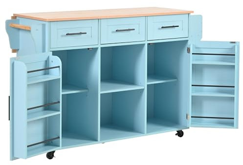 Küchenschrank mit Klappbarer Arbeitsplatte ,Kücheninsel freistehend auf 5 Rollen und 3 Schubladen Mobiler Sideboard Storage küchenschränke für Küche und Esszimmer 139x46(71) x91,5 cm (Blau)