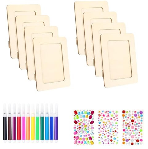 NCZCDZSW 8 Stück Bilderrahmen Bastelset DIY Holzbilderrahmen Set mit Selbstklebende Glitzersteine und farbige Stifte Naturholz DIY Fotorahmen Holzrahmen für Holzfarbe Geschenke Kunsthandwerk