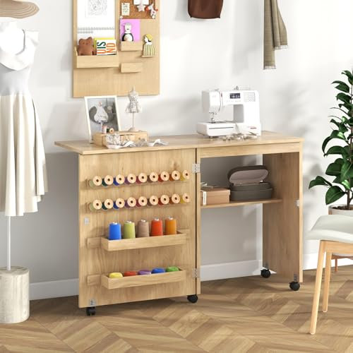 GIANTEX Nähtisch klappbar, Nähschrank auf Rollen, Nähmaschinentisch Nähtisch für Nähmaschine, Nähmaschinenschrank mit offenem Fach & Ablageflächen & Garnrollenhaltern, Mehrzwecktisch Holz 116x40x76cm