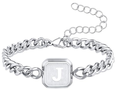 Armband Herren mit Buchstaben Edelstahl Panzerkette Armkette Männer Jungen | Silber Gold Schwarz Quadrat Initiale Armbänder Geschenk für Sohn Enkel Bruder Ehemann Vater Kubakette Einstellbare Schmuck