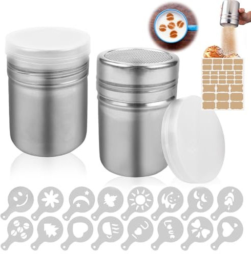 LPZMPZ Puderzuckerstreuer Puderzuckermühle Staubzuckerstreuer Kakaostreuer Mehlstreuer Staubzuckermühle Puderzuckersieb Kakaopulver Zimtstreuer Edelstahl für Cappuccino Schablone mit Deckel