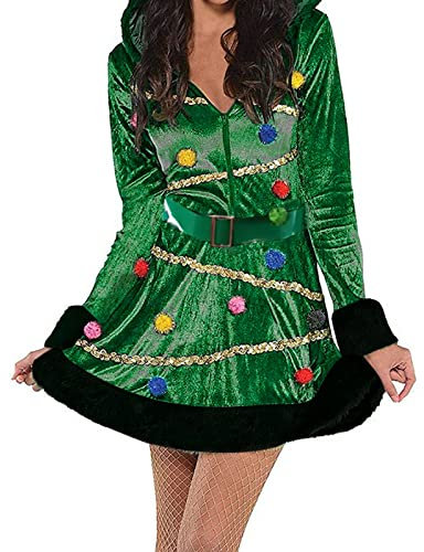 Qianderer Vestido de árbol de Navidad para mujer, disfraz de terciopelo con capucha y cinturón, disfraz de Navidad para fiesta divertida de Navidad (verde Ba, L)