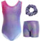 Gogokids Mädchen Dreiteiliges ärmelloses Gymnastikanzug Set mit Shorts & Haargummi, Kinder Glitzer Gymnastik Outfits mit Strass-Akzenten & Crossback-Design Funkelnde Balletteinheiten für Alter 3-12