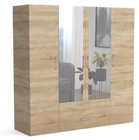 Brent - Kleiderschrank mit Spiegel, Garderobenschrank (BxHxT) 200x200x60 cm, Schrank mit Türen, Schlafzimmerschrank mit Regalen - Sonoma Eiche