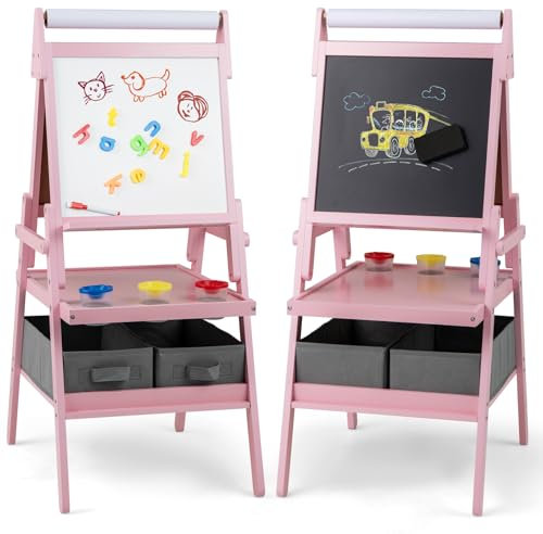 COSTWAY 3-in-1 Tafel Kinder, doppelseitige Kindertafel mit Papierrolle & magnetischer Kreidetafel & Whiteboard, inkl. 3 Farbbechern & 2 Boxen, Staffelei für Kinder ab 3 Jahren (Rosa)
