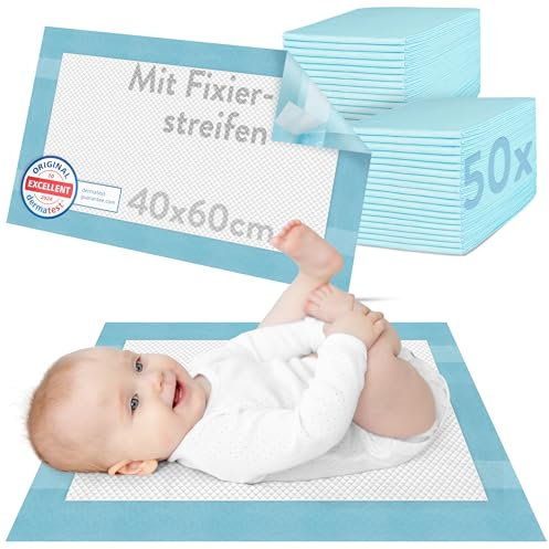 Hautfreundliche Wickelunterlagen einweg 40 x 60 cm DERMATEST SEHR GUT saugstarke einweg wickelunterlage baby zubehör mit rutschfester Rückseite - 50 Stück