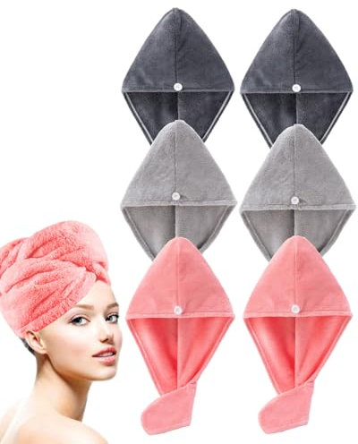Lumimi 6 Stück Kopfhandtuch Set Super zum Haar Saugstark Super Weich Leicht Praktisch Lange Haar Waschen Dunkelgrau Grau Rosa