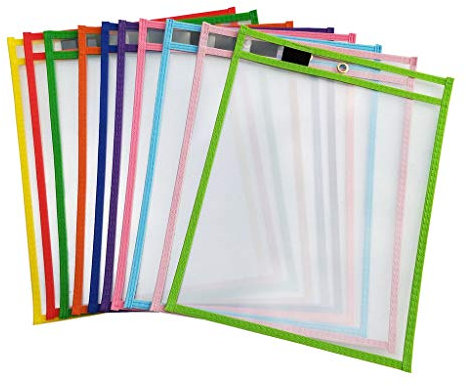 10 Pack Reusable Pockets Clear 10 x 14 Write Wipe Pocket Sleeves Fits Home Office School Standard Paper
