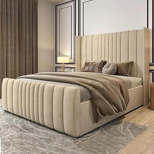 DBZ BEDS Ottoman Winged Bed Set 5FT King with 2000 Series Medium Firmness Mattress – Cream Plush Velvet Bed Frame with Gas Lift Storage – 48” Headboard & Chrome Legs – Handmade in the UK