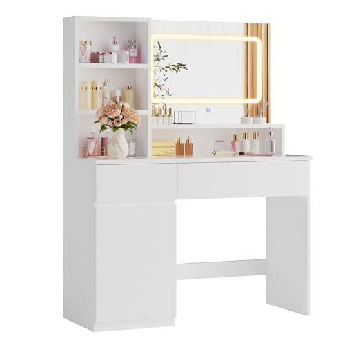 Airfish Schminktisch mit LED-Beleuchtung, 3 Farben Einstellbarer Helligkeitund, Frisiertisch mit Spiegel, 2 Schubladen, 4 Fächer & Schrank, für Schlafzimmer, Weiß