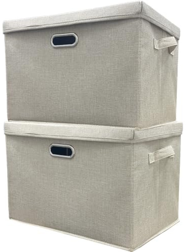 Storage Boxes with Lids Fabric, 2pc 13.8L Collapsible Beige Small Stackable Cube Storage Box, Bedroom Foldable Wardrobe Shelves Organiser Decorative Baskets are used to Store Clothes Toys Keepsake