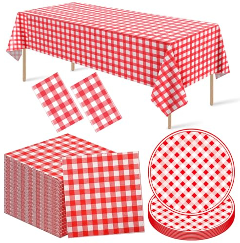 122 pcs Gingham Party Supplies Gingham Tablecloth,Red Gingham Paper Plates and Napkins Red Plaid Party Plates, for Christmas Birthday Family Picnic