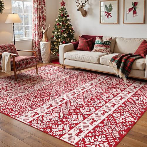PureCozy Alfombras rojas de Navidad para sala de estar, alfombras lavables antideslizantes, decoración de Navidad vintage para cocina, dormitorio, comedor, entrada, oficina, alfombra suave de pelo