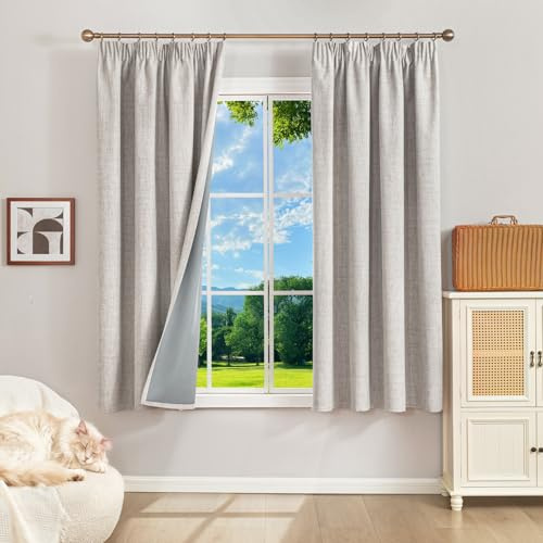 Runyéla 100% Verdunklungsvorhänge Thermovorhänge Kälteschutz Gardinen mit Kräuselband 145 x 140 cm (HxB) 2er Set Leinenoptik Vorhänge Blickdicht Grauweiß, Schiebegardinen Wohnzimmer Curtain