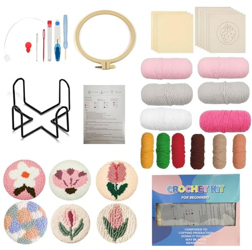 Bcuuozeeing 6-teiliges Punch-Needle-Untersetzer-Set, Craft Punch Needle Untersetzer Kit Anfänger Kinder Erwachsene, DIY Stanznadel Kit mit Stickrahmen, Punch Needle Stoff, Fäden, Einfädelhilfe