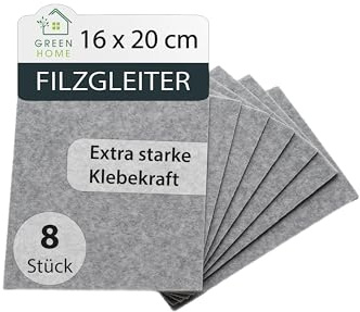 Green Home | Filzgleiter zum Zuschneiden I 8 Stück 16 x 20cm - 4mm I Filzgleiter für Stühle I Filz selbstklebend I Möbelgleiter aus hochwertigem Nadelfilz I Grau | Filzseiten | Filzplatten
