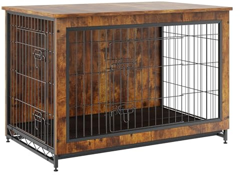 Muebles de madera para perros con puertas dobles, mesa auxiliar de jaula resistente, bandeja extraíble para perrera interior, fácil cuidado para perros de hasta 70 libras