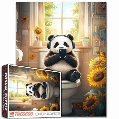 Cute Panda Farmhouse 1000 Piece Puzzle for Adults Teens With Bathroom Decor Sunflowers 27x20 Inches Challenging Family Activity Games Colorful DIY Craft Puzzle for Home Decor Giftss