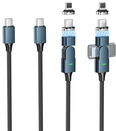 100W Magnetic USB C Cable, 180° Rotation Nylon Braided for iPhone/Samsung | 2-Pack, 1.2M+2M, 2-in-1 USB-C/Lightning Tips, 480Mbps Data, for iPad, MacBook, Galaxy S26/S25/S24, Pixel, Blue