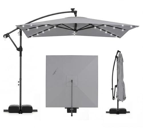 COSTWAY Ombrellone da Giardino 250 cm, con 32 Luci LED, Tettuccio Girevole e Ventilato | Protezione Solare, Resistente, Sacchi di Sabbia, per Balcone, Esterno, Spiaggia (Grigio, 32 Luci LED)