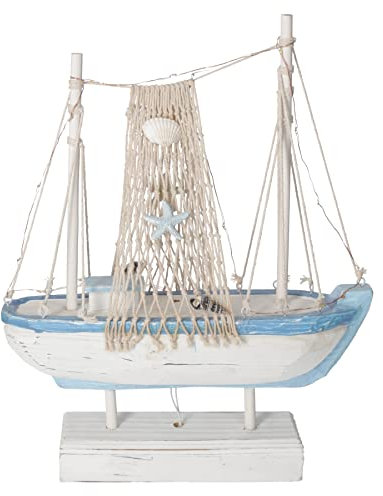 Keyhomestore- Soprammobile decorativo a forma di Barca peschereccio in Legno con led luminoso Stile mediterraneo e Nautico per Decorazione Parete casa Tema Marino Nautico casa Mare - Altezza cm 33