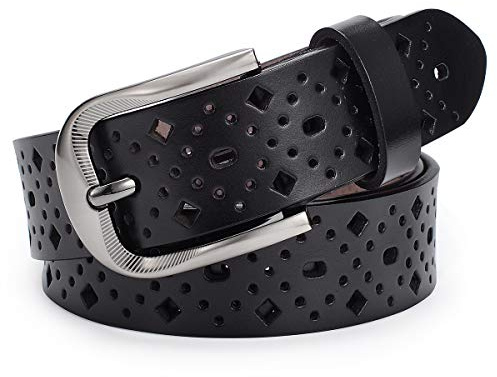 McFanBe Ceinture en Cuir pour femmes Pantalons de Jeans Habillés pour Femmes avec Boucle de Ceinture en Alliage pour Filles (S:95cm(Taille ajustée 75-84cm/30-33), A(largeur 3,2cm):noir)