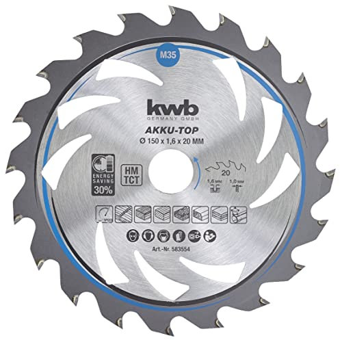 kwb Energy-Saving Lame de scie circulaire Easy Cut, Ø 150 x 20 mm coupe fine avec denture spéciale alternée 20 dents Z20, AKKU-TOP coupe fine, 150 x 20