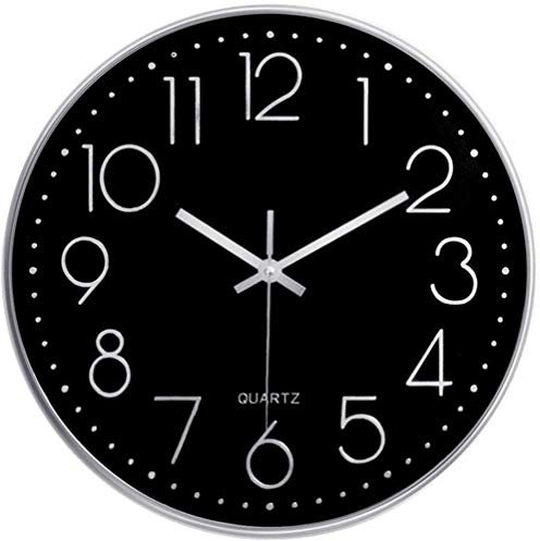 Taodyans Silent Wall Clock 12 In Kitchen Clock Quartz Battery Operated Round Modern Home Decor Clock for Office Class Room Living Room Bedrooms (Black-Silver)