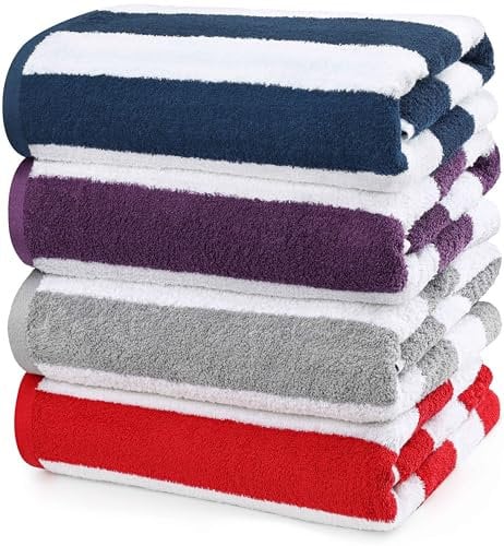Utopia Towels - Toallas de Playa a Rayas Cabana Paquete de 4 (76x152cm) 100% Algodón Hilado en Anillos Toallas de Piscina Grandes, Suaves y de Secado Rápido (Rojo, Azul Marino, Gris, Ciruela)