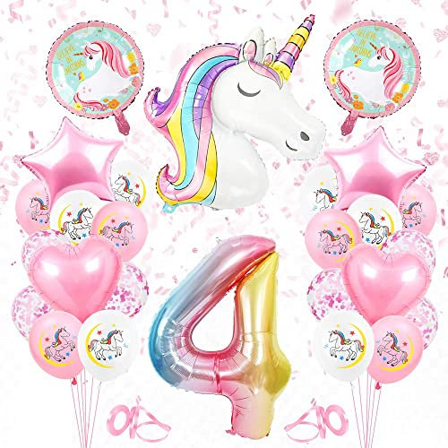 Bluelves Einhorn 4 Geburtstag Deko, Geburtstagsdeko 4. Mädchen, Folienballon Einhorn Deko, 4 Jahr Geburtstag Luftballons Rosa, Einhorn Themen Ballons für 4 Jahre Mädchen Geburtstag Party