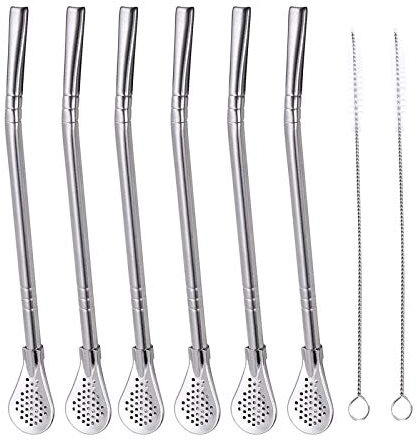 6 cannucce in acciaio inox riutilizzabili, con cucchiaio e cucchiaio per filtro e 2 spazzole per la pulizia, cucchiaio filtrato estraibile, 18,5 cm.