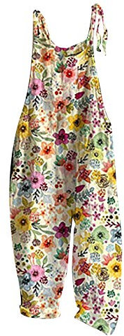 LUCKME Womens Dungarees Casual Boho Sleeveless Jumpsuits Summer Overalls Loose Skull Printed Wide Leg Floral Rompers Long Playsuit with Pocket Holiday Beach UK Size 12-22 (Yellow, M)