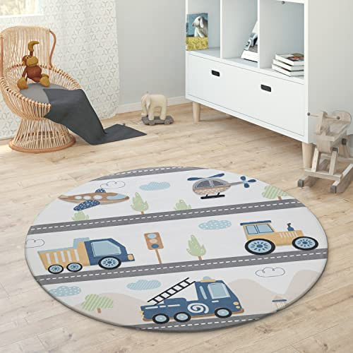 Paco Home Kinderteppich Teppich Rund Kinderzimmer Spielmatte Babymatte rutschfest Stern Mond Elefant Regenbogen, Grösse:Ø 120 cm Rund, Farbe:Bunt