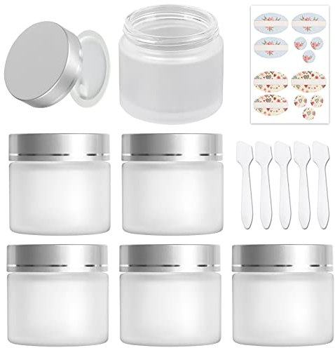 6 Pack, 2 oz 60 ml Frosted Glass Jars with Silver Lids & Inner Liners, Empty Matte Clear Round Refillable Cosmetic Containers Travel Jars for Cosmetics,Body Face Cream Lotion