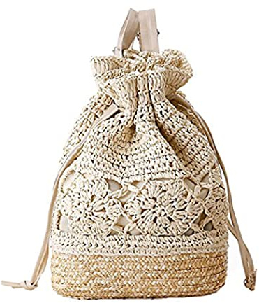 FAIRYSAN Damen-Rucksack, gehäkelt, gewebt, Stroh, mit Lederriemen, Schultertaschen, Kordelzug, Rucksack, Sommer, Urlaub, Strand, Tragetasche, Beige