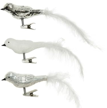 Kaemingk Christbaumschmuck Glas 8cm x 3 Stück Vögel auf Clip Weihnachtskugeln Mix Silber weiß