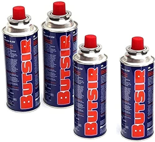 VALDI LED Pack De 4 Cartuchos De Gas Butsir para Hornillos - Camping Gas Portatil, Bombona Camping Gas, Compatible con Quemadores y Estufas, Modelo B-250, Butano e Isobutano